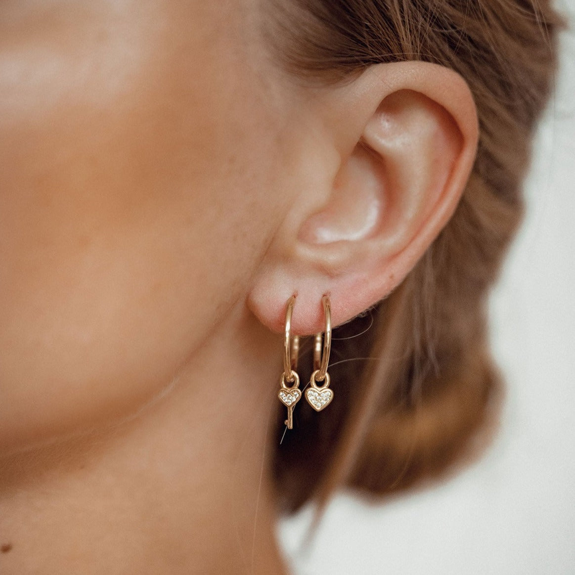 Heart and Key Charm Hoop Earrings Sterling Silver Gold