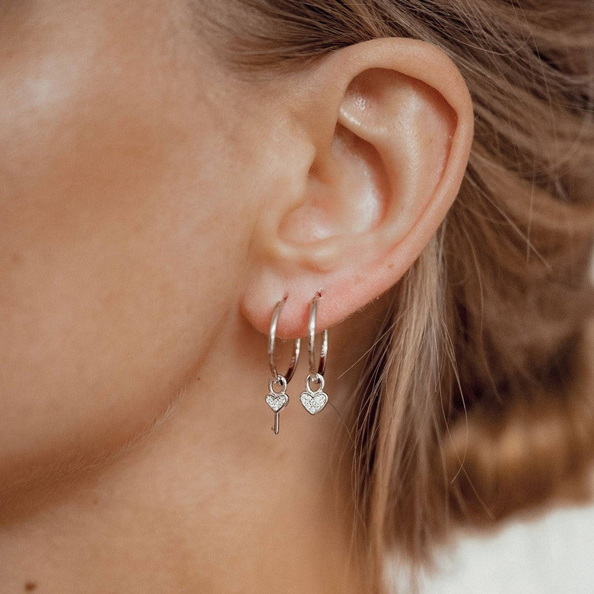 Heart and Key Charm Hoop Earrings Sterling Silver