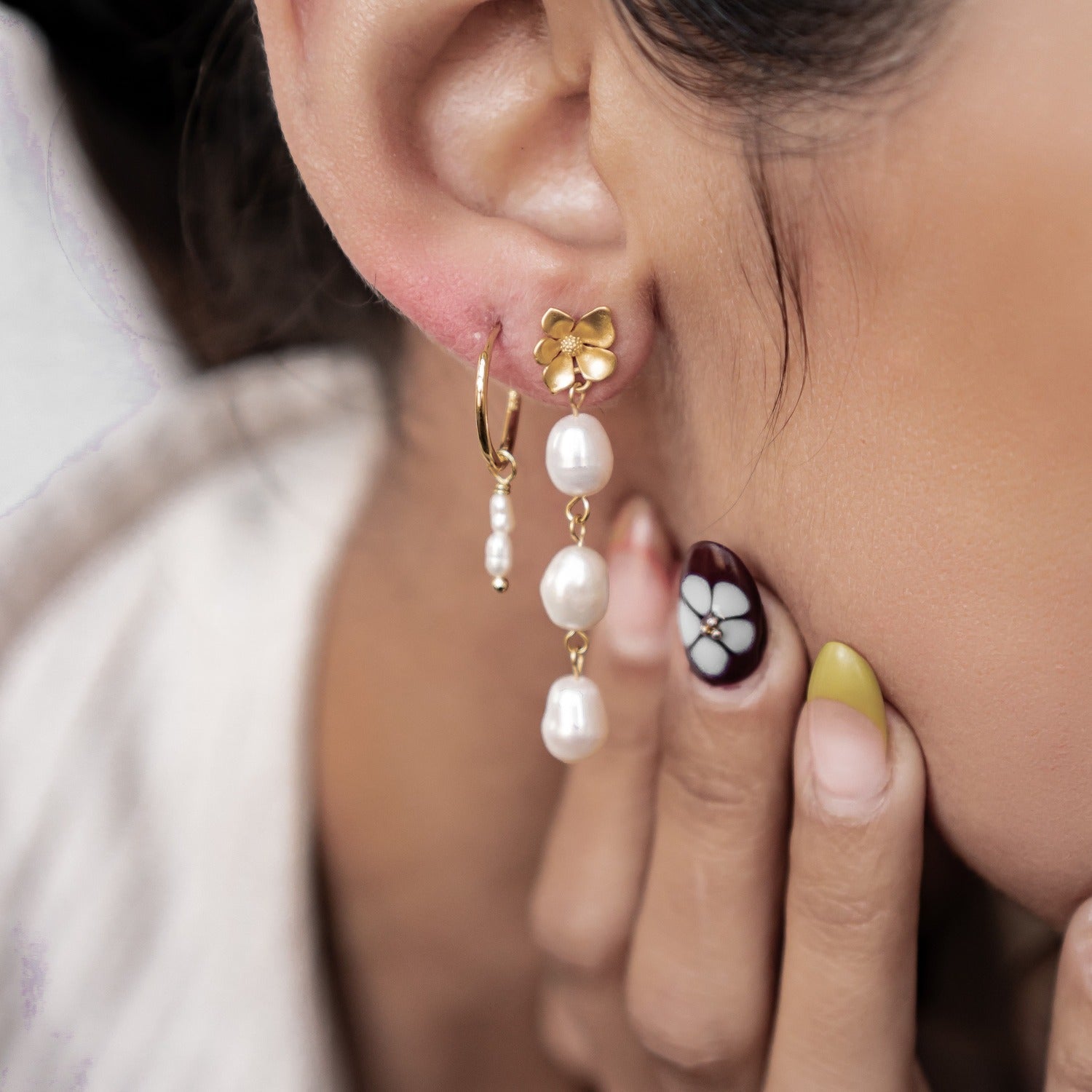 Double Pearl Charm Hoop Earrings Sterling Silver Gold