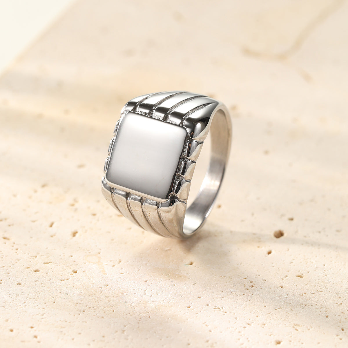 Engraved Square Signet Ring Men Stainless Steel