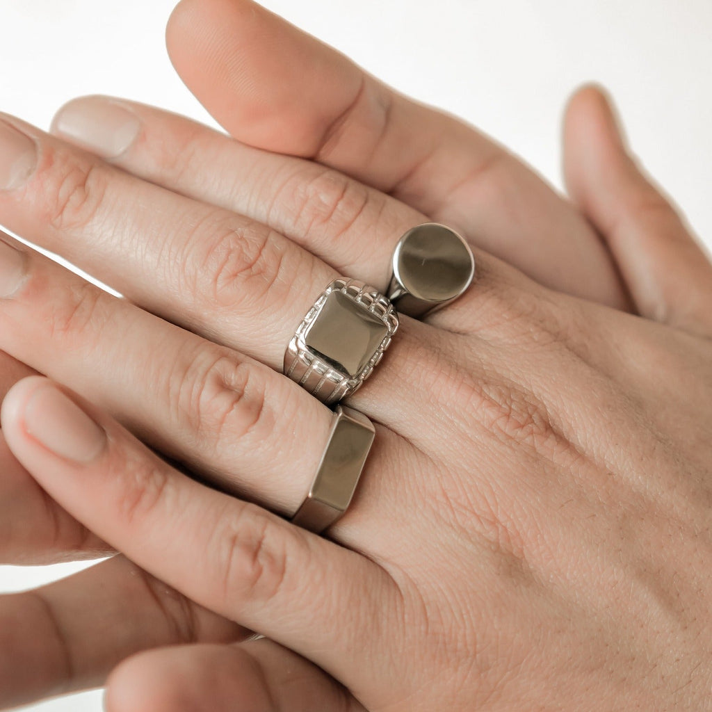 Engraved Square Signet Ring Men Stainless Steel