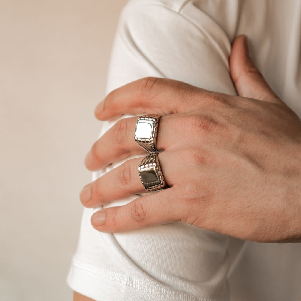 Engraved Square Signet Ring Men Stainless Steel