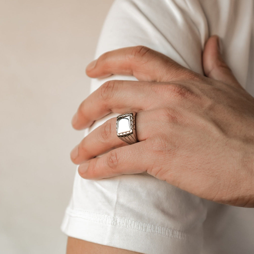 Engraved Square Signet Ring Men Stainless Steel