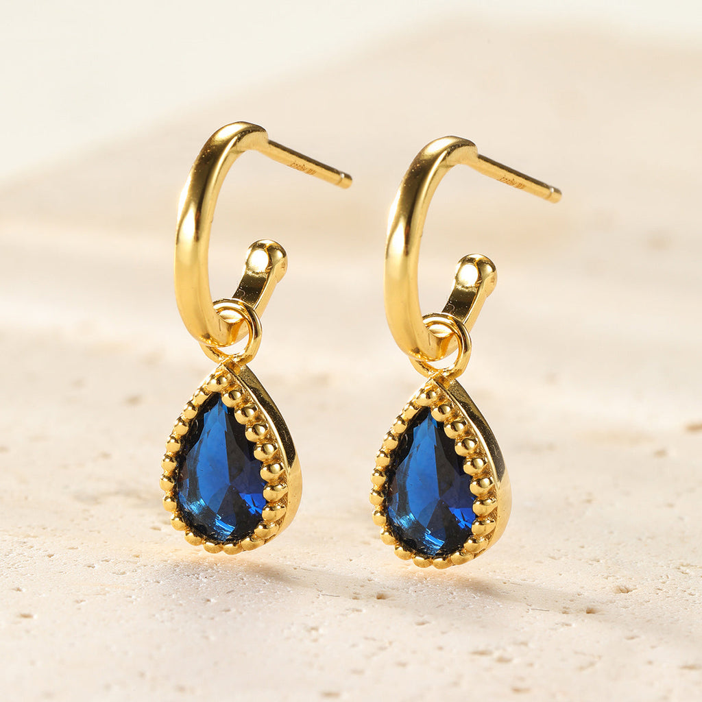 September Sapphire Birthstone Hoop Earrings Sterling Silver