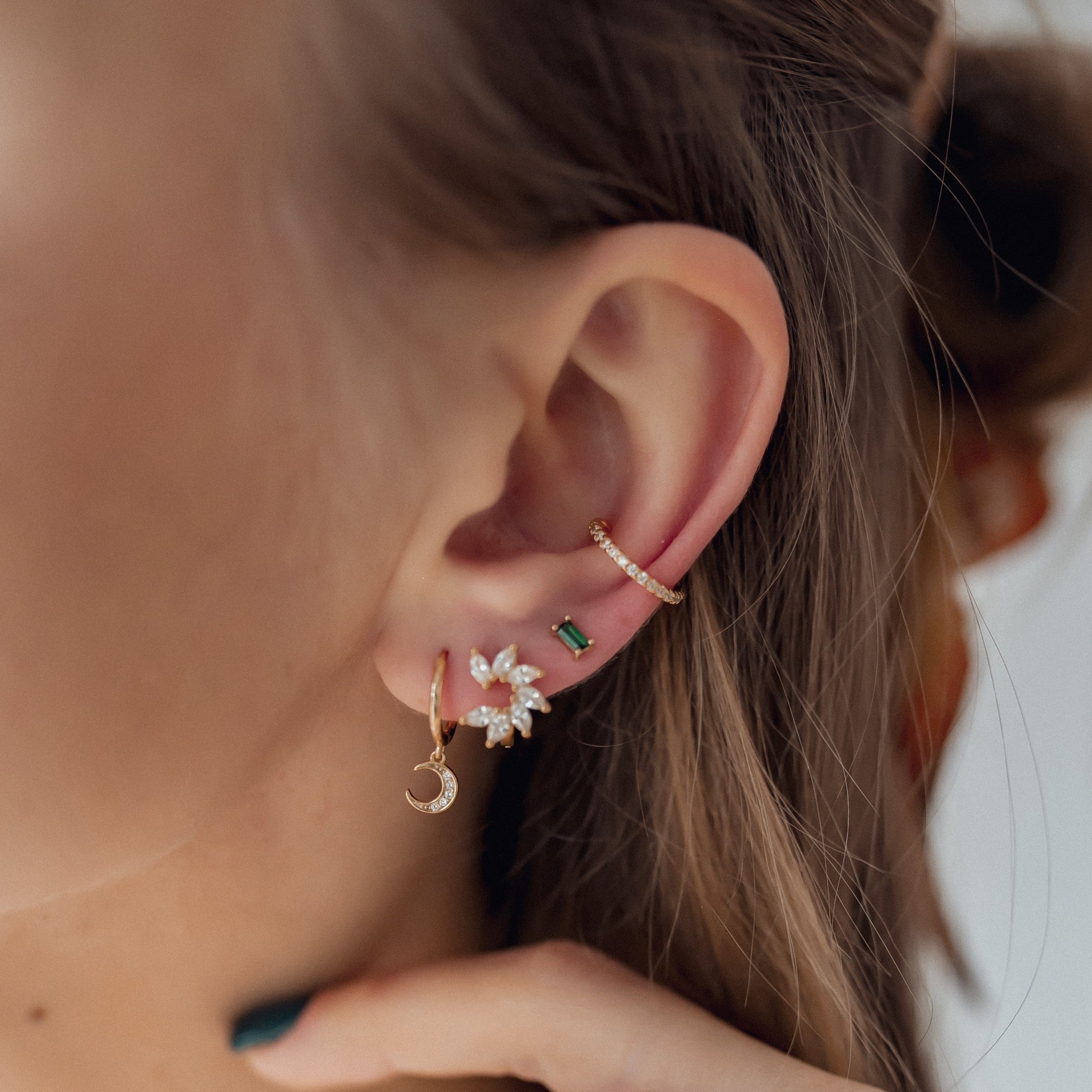 Crescent Moon Huggie Earrings Sterling Silver Gold