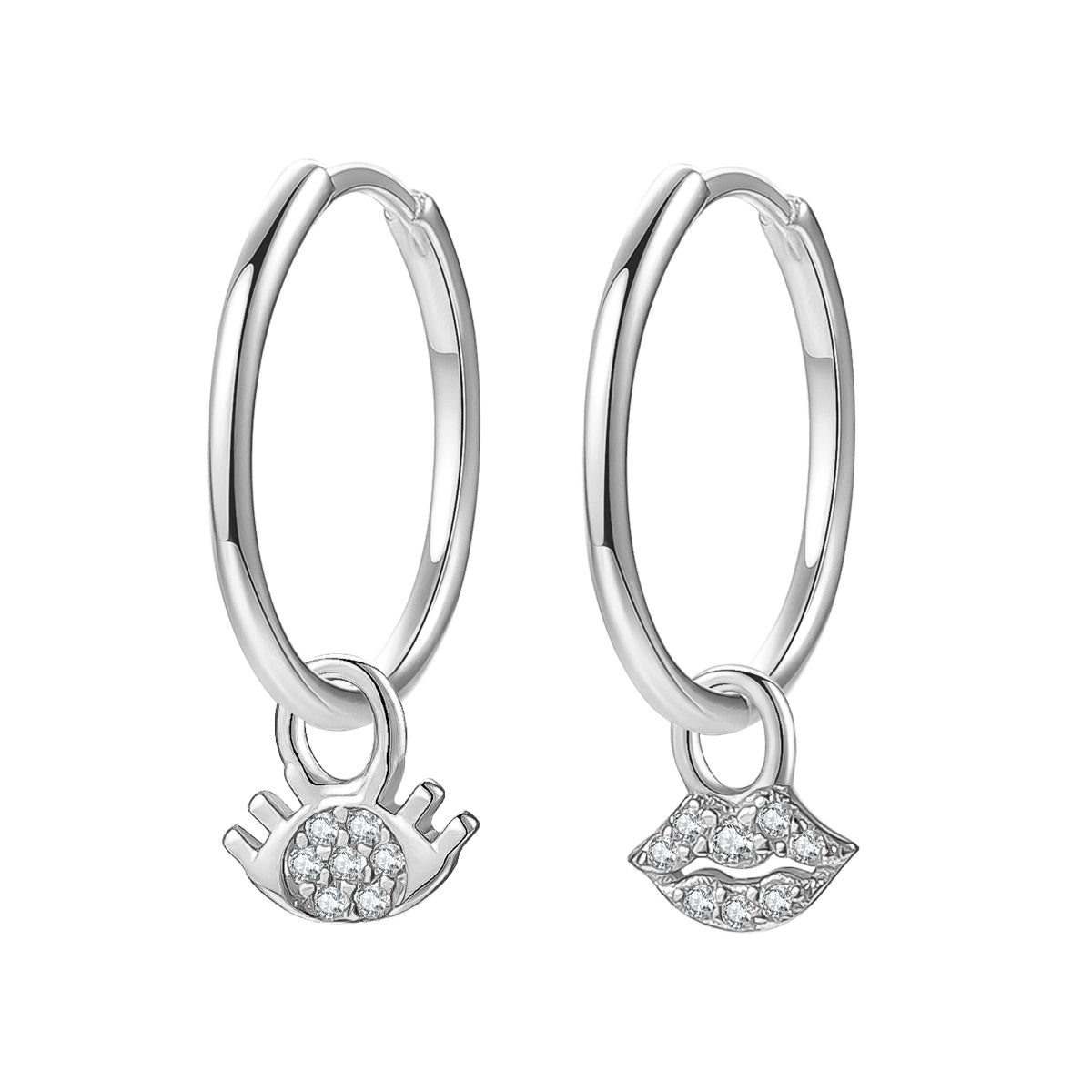 Eyes and Lips Charm Hoop Earrings Sterling Silver