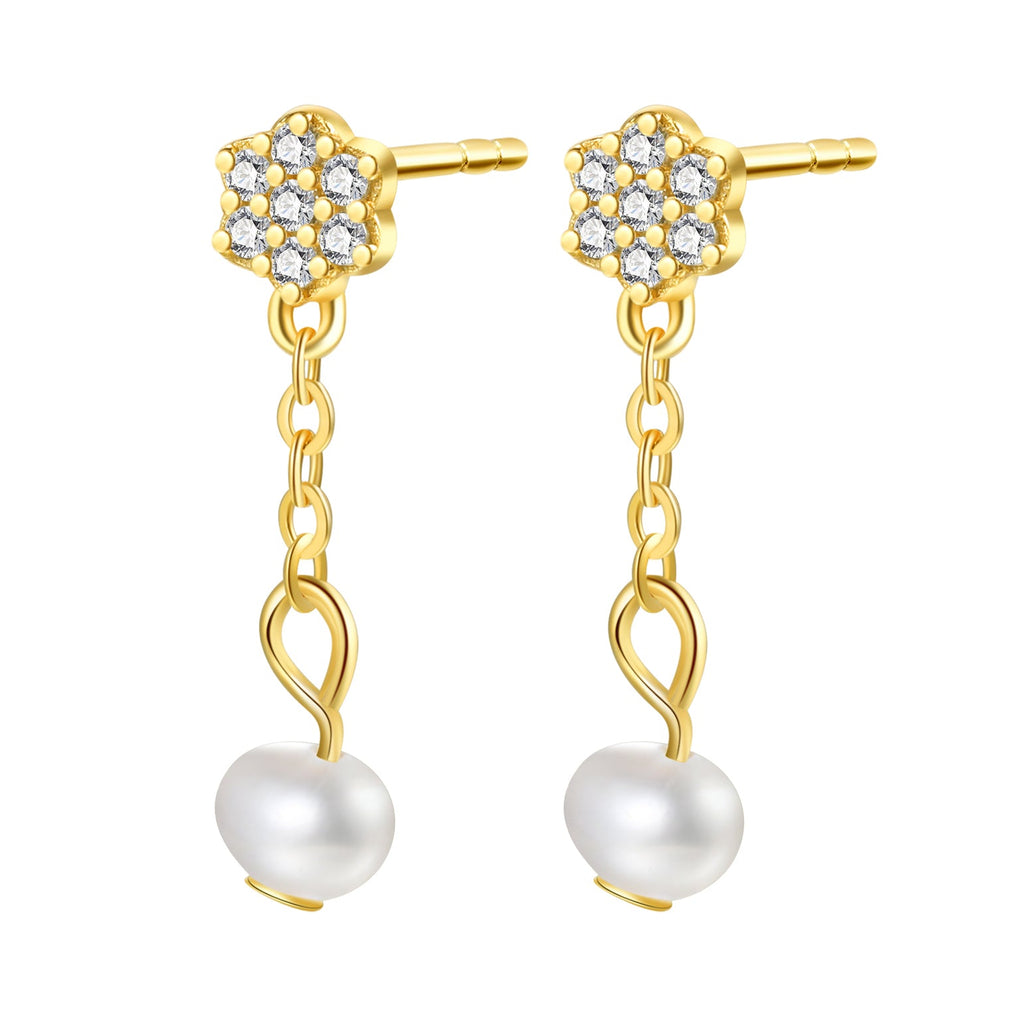 Flower and Pearl Drop Stud Earrings Sterling Silver