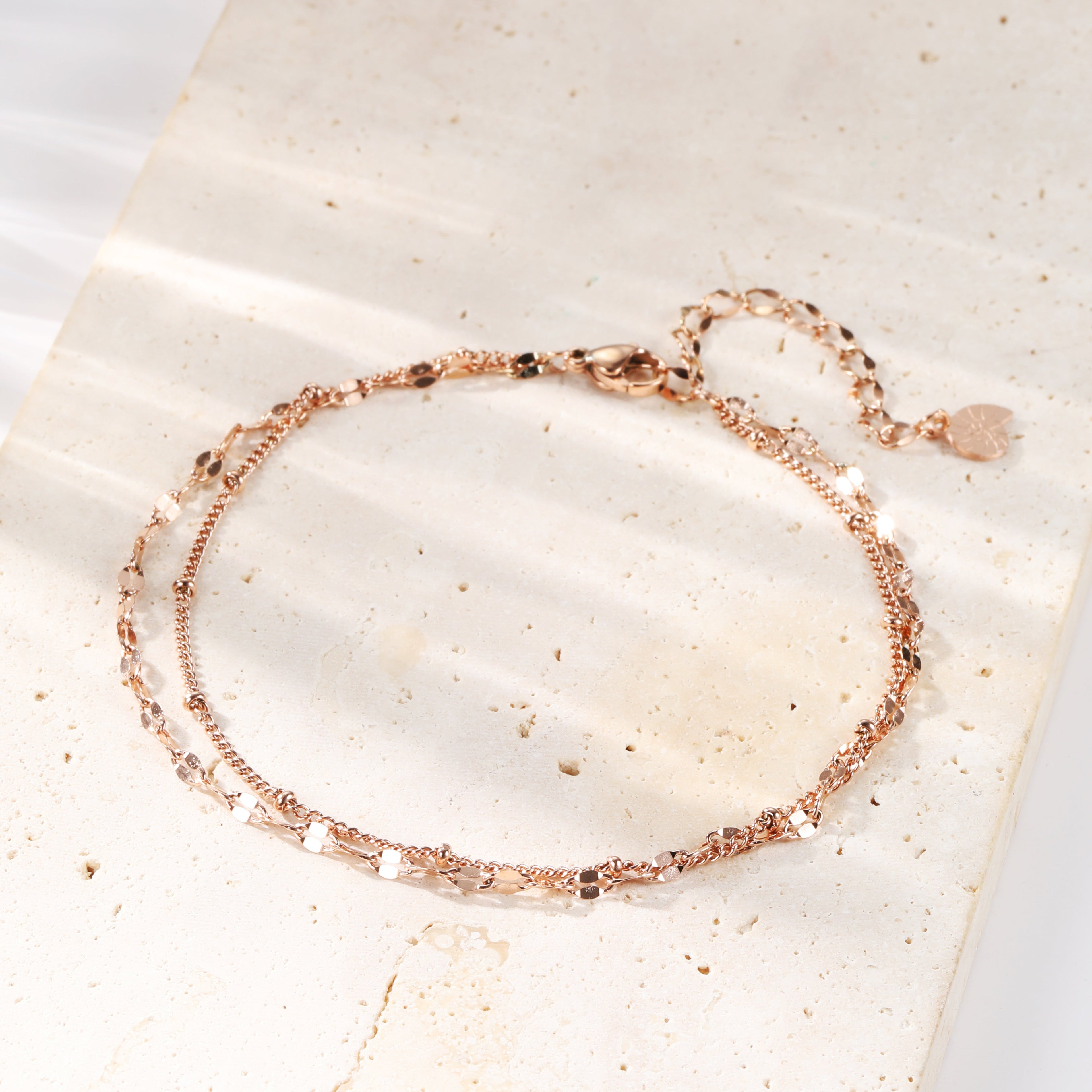 Layered Curb and Bobble Chain Anklet Rose Gold