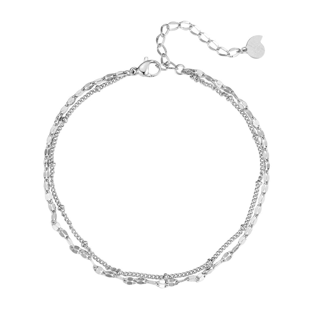 Layered Curb and Bobble Chain Anklet Silver