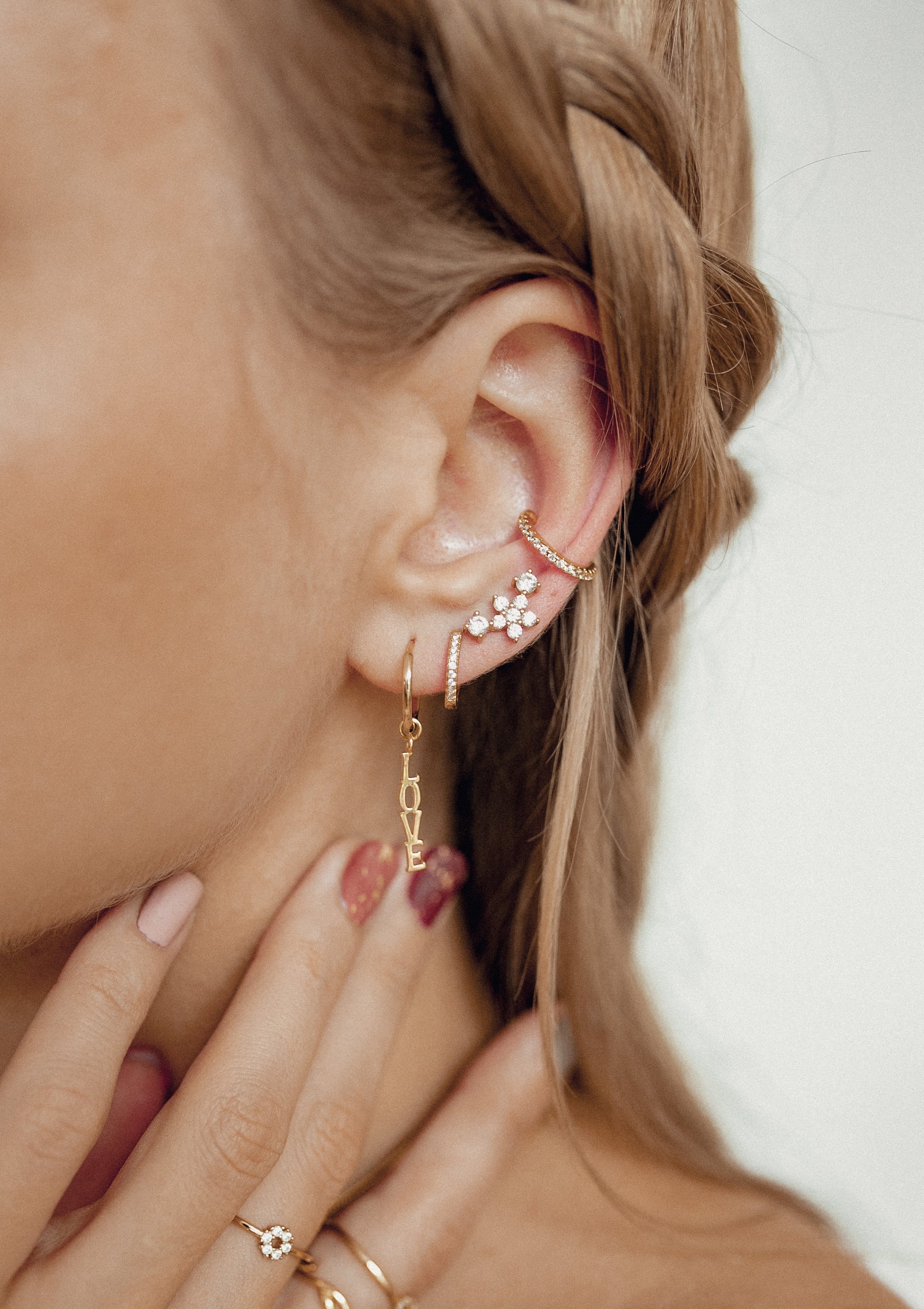 LOVE Charm Hoop Earrings Sterling Silver Gold