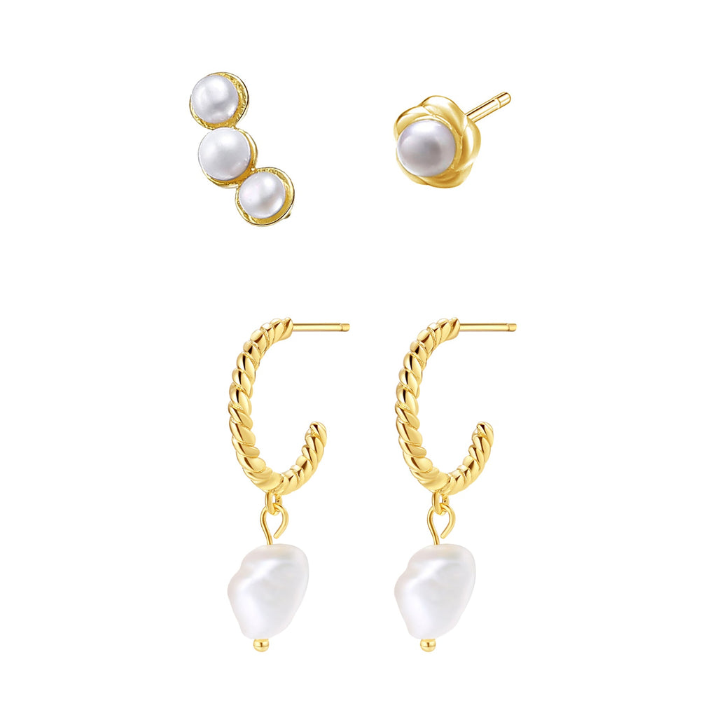 Pearl Hoop & Stud Earrings Set Sterling Silver