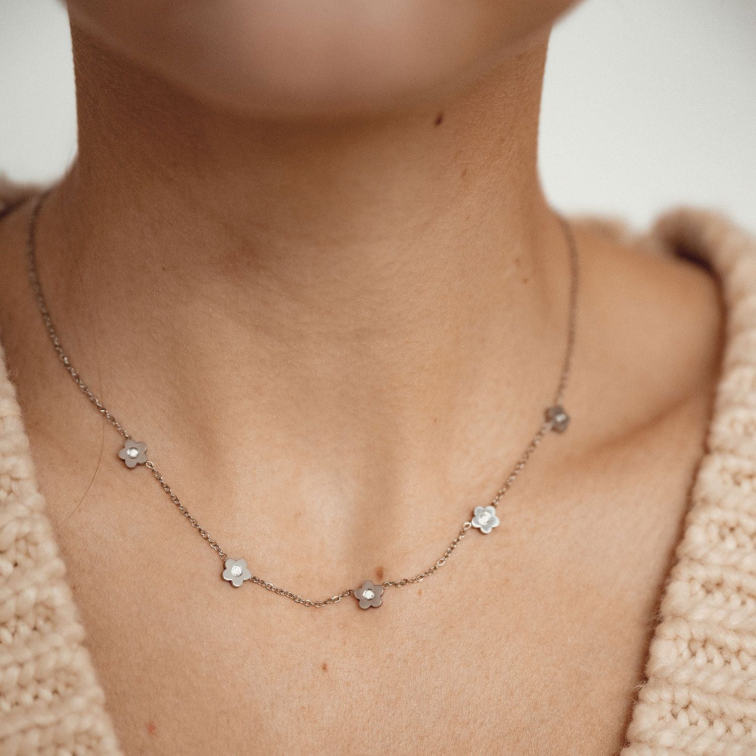 Petite Flower Charm Necklace Silver